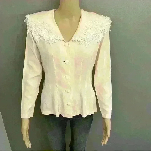 Vintage lace trim pastel  pink long sleeves button down blouse - Picture 8 of 9